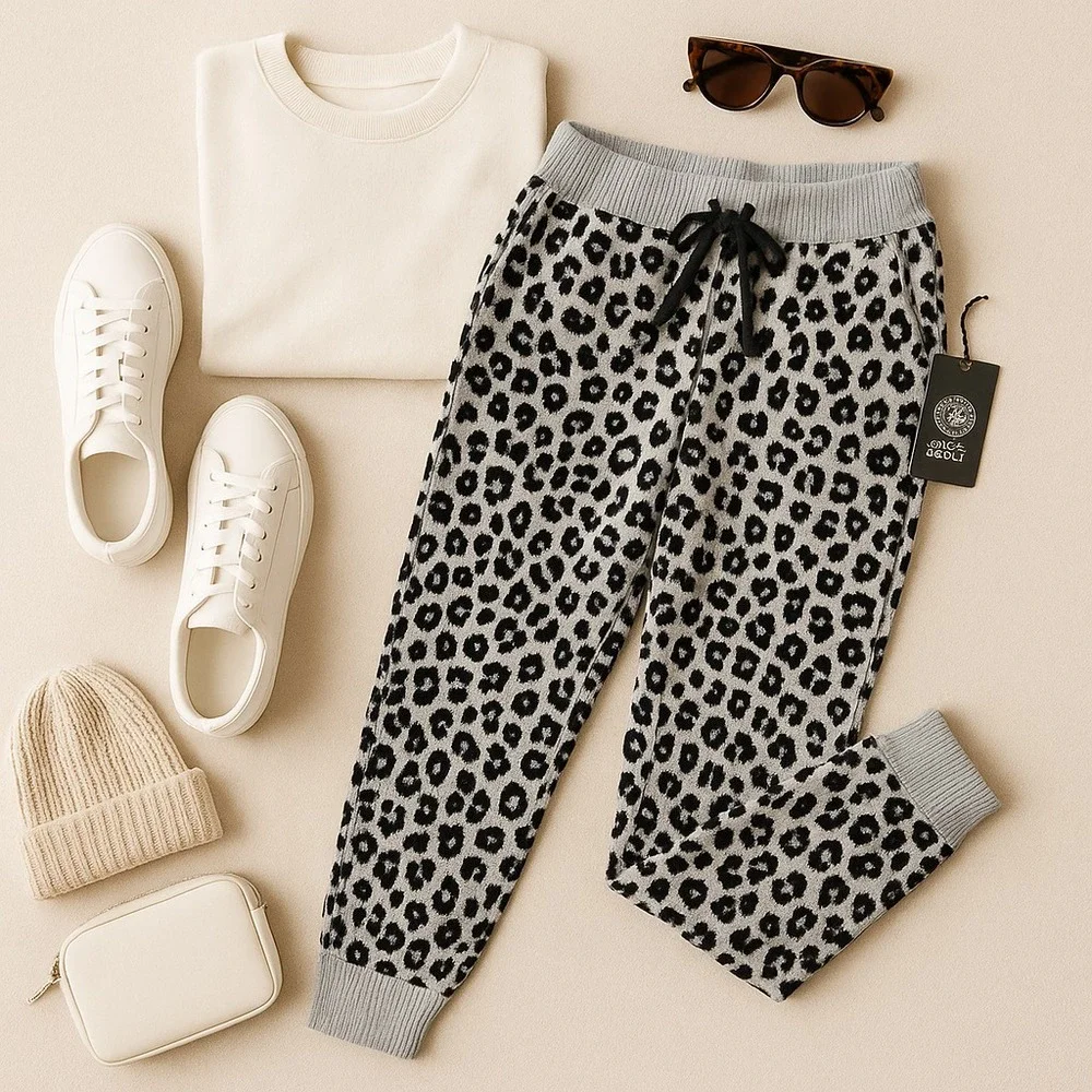 Vince Camuto Cozy Leopard Print Joggers Size XL Cozycore Athleisure Wear Mobwife